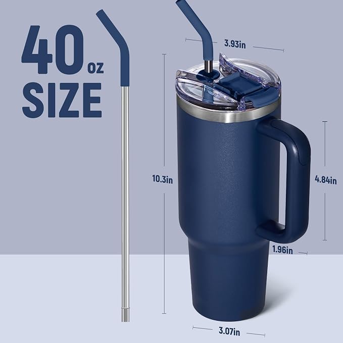 COKTIK 40 oz Tumbler With Handle and Straw, Insulated Tumbler With Leakproof Lids, Stainless Steel|BPA-Free, Cold for 24 H (Navy) - Image 2