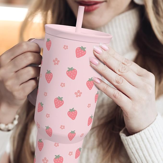 SANDJEST Strawberry Tumbler with Handle 40oz – Insulated Stainless Steel Travel Coffee Mug Cup for Girls Women, Gift for Christmas, Birthday - Image 6