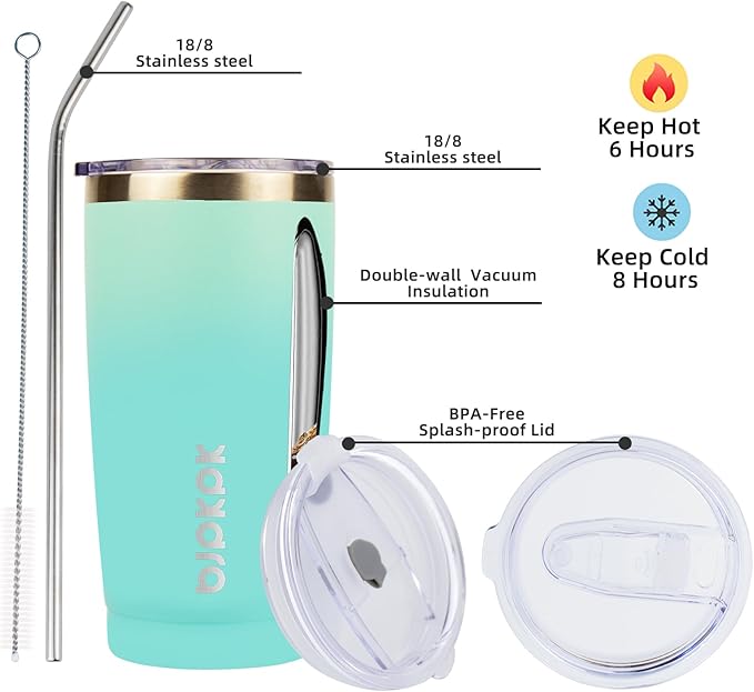 BJPKPK 20 oz Insulated Tumbler Stainless Steel Color Block Coffee Mug Vacuum Double Wall Thermal Travel Cup With Lids And Straw,Mint - Image 2