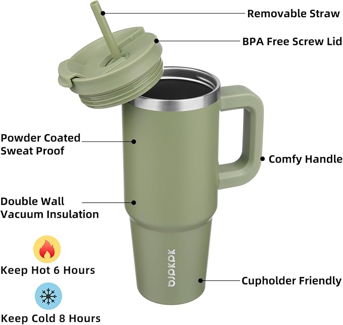 BJPKPK 30 oz Stainless Steel Tumbler With Handle Insulated Tumblers With 2 Straw Travel Coffee Mug With Lid,Sage - Image 2