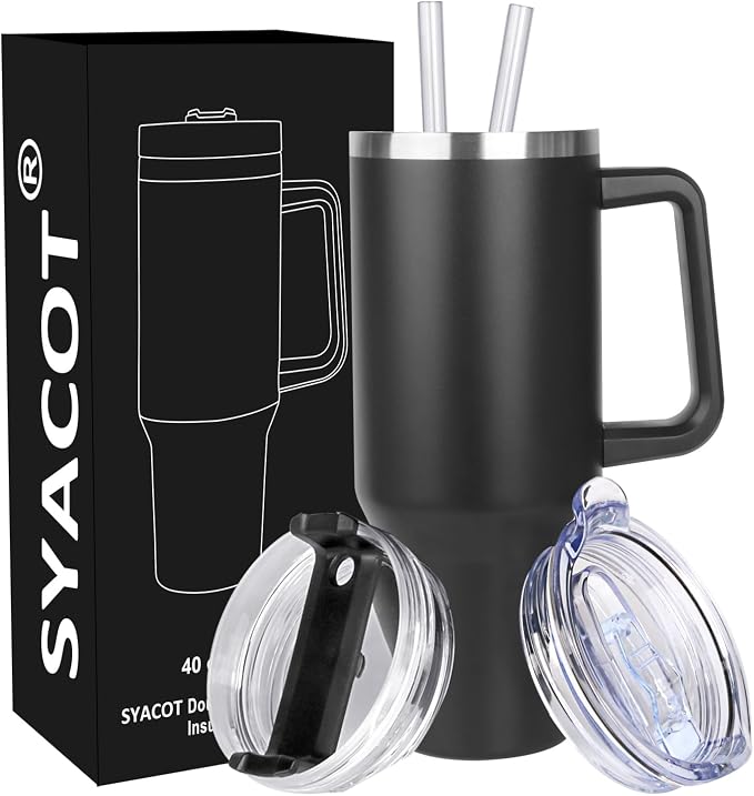 SYACOT 40 oz Tumbler with Handle and Straw Stainless Steel Insulated Tumbler Leak Proof Lid and Straw Lid Reusable Travel Mug Coffee Mug Cup Dishwasher Safe Keep Drinks Cold and Hot (Magic Black) by SYACOT