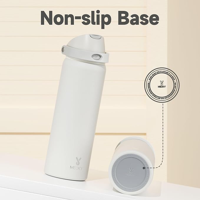 32 oz Insulated Water Bottle with Straw: Meoky Stainless Steel Metal Water Bottle with 2-in-1 Lid - Leak Proof, Cold for 24 Hours, Protective Silicone Base, BPA-Free for Sports Gym, Ivory - Image 8