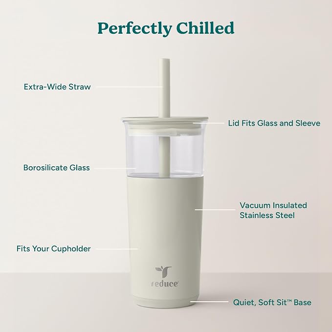 REDUCE Aspen 20 oz Vacuum Insulated Glass Tumbler with Lid & Extra Wide Straw - Keeps Drinks Cold for 12 Hrs - Ideal for Iced Coffee, Smoothies & Boba - Dishwasher Safe, Soft Base - Unbleached - Image 3