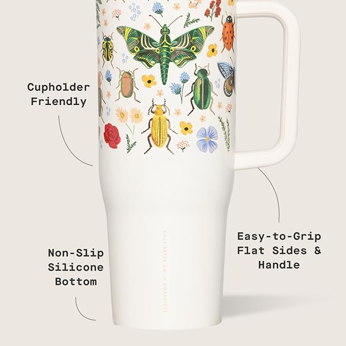 Corkcicle x Rifle Paper Co. Cruiser Insulated Tumbler with Handle & Straw - Keeps Drinks Cold 20 Hours - BPA-Free - Gift for Mom - Great for Mother's Day or Christmas - 40 oz - Curio Cream - Image 4