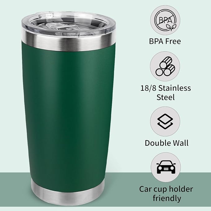 20oz Stainless Steel Tumbler Bulk with Lid, Travel Mug - Double Wall Vacuum Powder Coated Cup - Dark Green, 12 Pack - Image 3