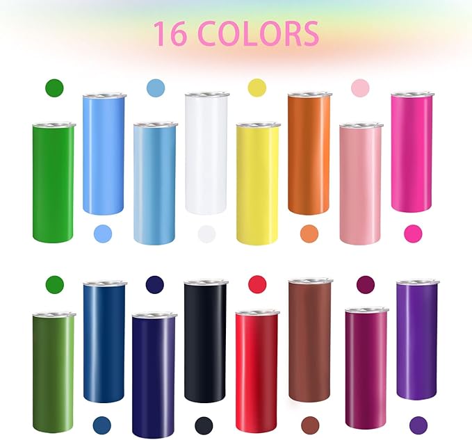 YOUKE OLA 16 Pack Skinny Tumblers 20oz Bulk Straight Stainless Steel Double Wall Vacuum Insulated Tumbler with Lid and Straw & Silicone Base for Travel, DIY, 16 Colors - Image 5
