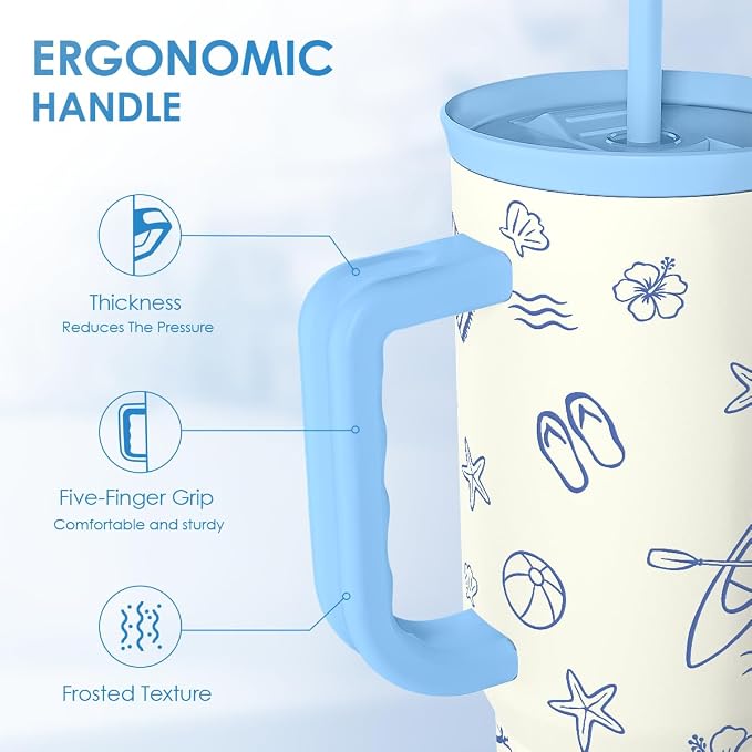 SANDJEST Beach 40oz Tumbler with Handle and Straw, Insulated Stainless Steel Travel Coffee Mug for Women Girls Beach Lovers, Gift Idea for Birthday Christmas Mothers Day Summer Vacation (Blue) - Image 3