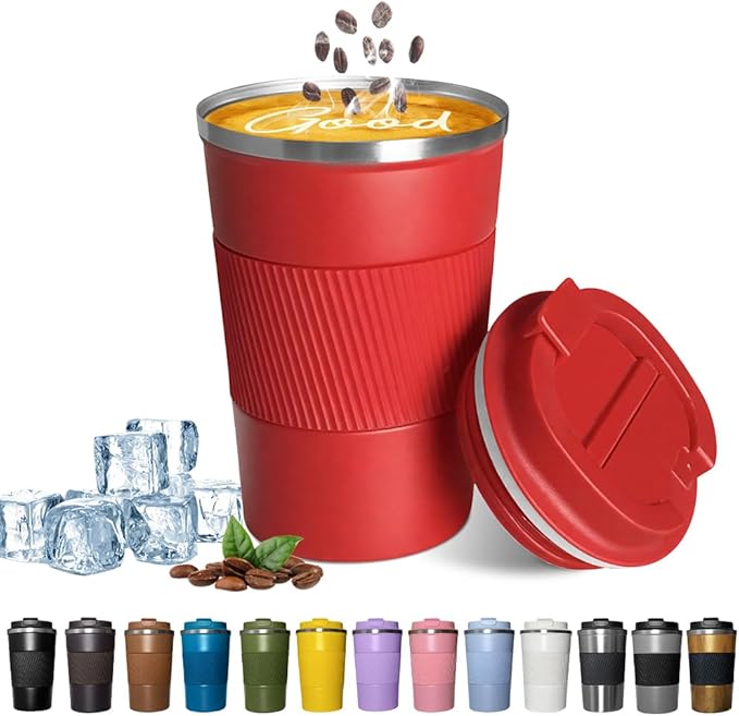 YINBAOGE Insulated Travel Coffee Mug, Spill & Leak Proof, Portable To Go Camping Stainless Steel Coffee Tumbler, Reusable Thermal Coffee Cup with Lid for Hot & Cold Drinks (Red, 12 OZ) by YINBAOGE