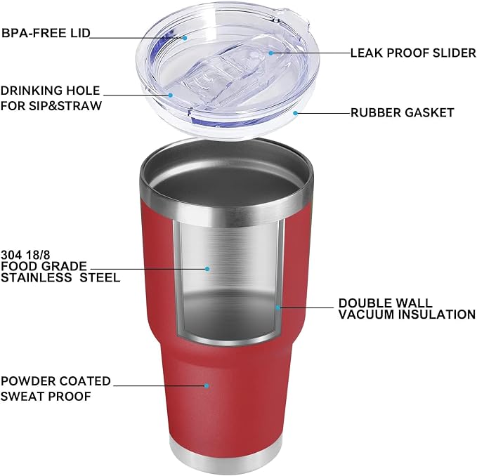 DOMICARE 30oz Tumbler Bulk with Lid and Straw, Double Wall Travel Coffee Mug, Insulated Vacuum Stainless Steel Tumblers, Powder Coated Tumbler Cup (Red, 8) - Image 5