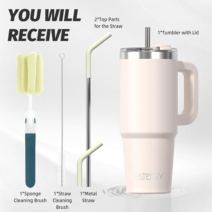 30 oz Tumbler with Handle,Tumbler with Lid and Straw,Double Wall Insulated Cup Stainless Steel Travel Mug(Cold for 34 Hours),Water Bottle for Iced Tea,Coffee,Cold Beverages(Ivory Beige) - Image 3