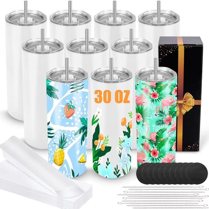 Joyclub Sublimation Tumblers 30 oz Blank Tumblers for Sublimation Skinny Bulk Double Wall Insulated Cups with Individually Gift Boxed and Shrink Wrap Films for Heat Transfer 10 Pack by Joyclub