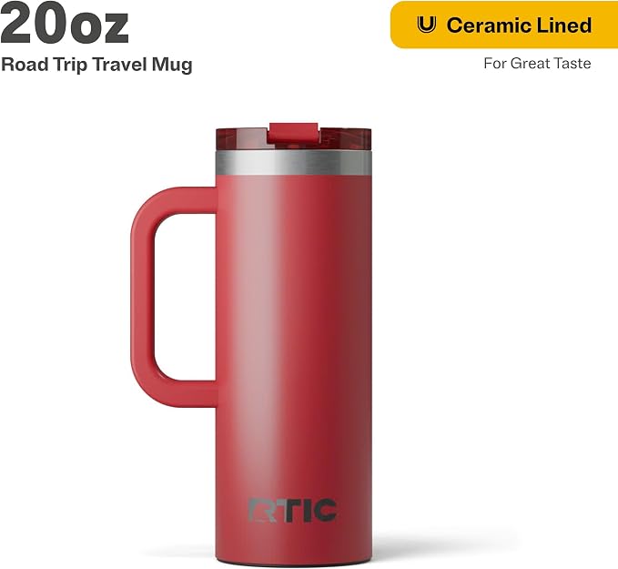 RTIC 20oz Road Trip Travel Mug with Lid and Handle, Ceramic Lined, Insulated, Stainless Steel, Metal, Double Wall Vacuum-Insulation, Portable Coffee, Tea Cup for Hot and Cold Drink, Flag Red - Image 2