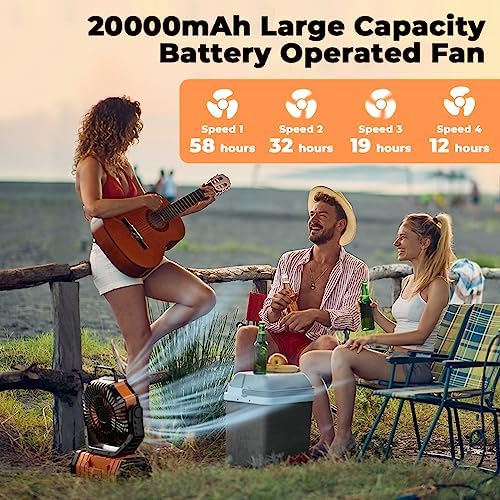 Camping Fan - 20000mAh Battery Powered Fan Rechargeable with LED Lantern - Portable Outdoor Tent Fans with Hanging Hook 4 Speeds Wind Remote Control, Black and Orange - Image 4