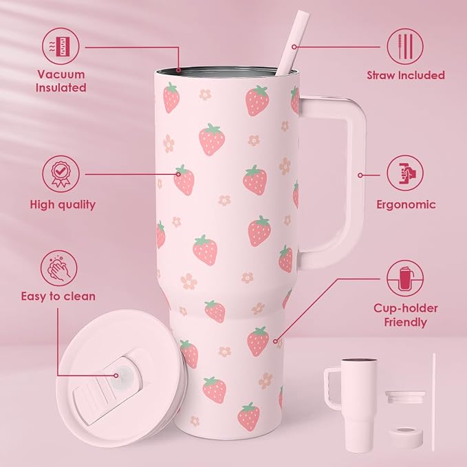 SANDJEST Strawberry Tumbler with Handle 40oz – Insulated Stainless Steel Travel Coffee Mug Cup for Girls Women, Gift for Christmas, Birthday - Image 2