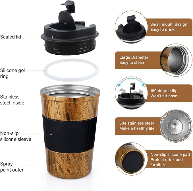 CS COSDDI 12 oz Stainless Steel Vacuum Insulated Tumbler - Coffee Travel Mug Spill Proof with Lid - coffee Cup for Keep Hot/Ice Coffee,Tea and Beer (D-wood grain) - Image 2
