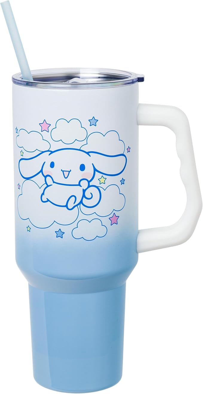Silver Buffalo Sanrio Hello Kitty and Friends Featuring Cinnamoroll in Stars and Clouds Double Walled Stainless Steel Tumbler with Handle and Straw, Fits in Standard Cup Holder, 40 Ounces by SilverBuffalo