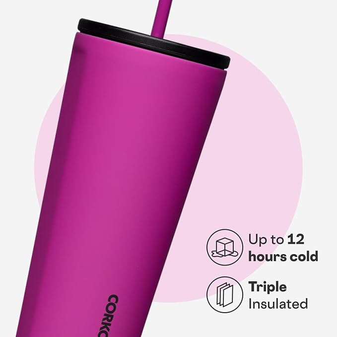 Corkcicle Cold Cup Insulated Tumbler with Straw - Keeps Drinks Cold for 12 Hours - Triple-Insulated Stainless Steel - Leak-Resistant Lid - Summer Drinkware Gift - 24 oz - Berry Punch - Image 3