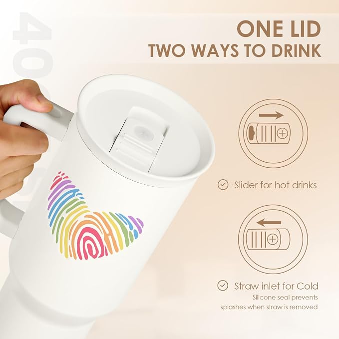 SANDJEST LGBT 40oz Tumbler with Handle and Straw, Insulated Stainless Steel Travel Coffee Mug for Gay Lesbian Adults Friends, Gift Idea for Birthday Christmas Pride Month (Heart Fingerprints) - Image 4
