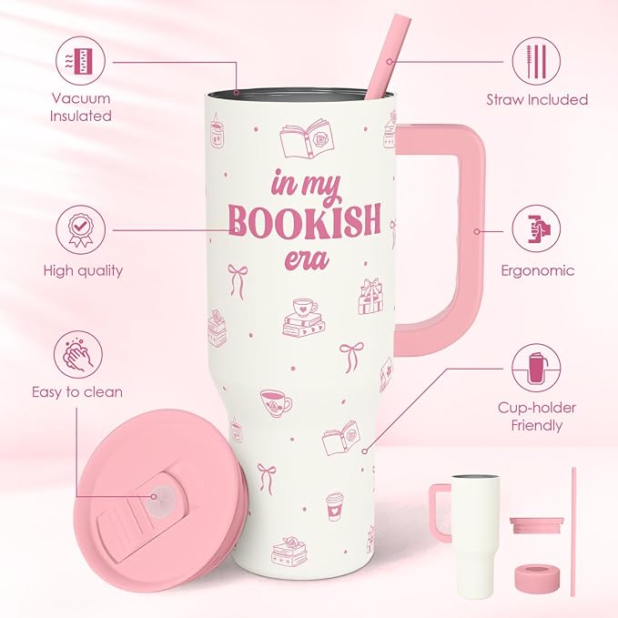 SANDJEST Book Lovers 40oz Tumbler With Handle and Straw, in My Bookish Era Insulated Stainless Steel Travel Coffee Mug for Women Girls Bookworms, Gift Idea for Birthday Christmas Mothers Day - Image 2