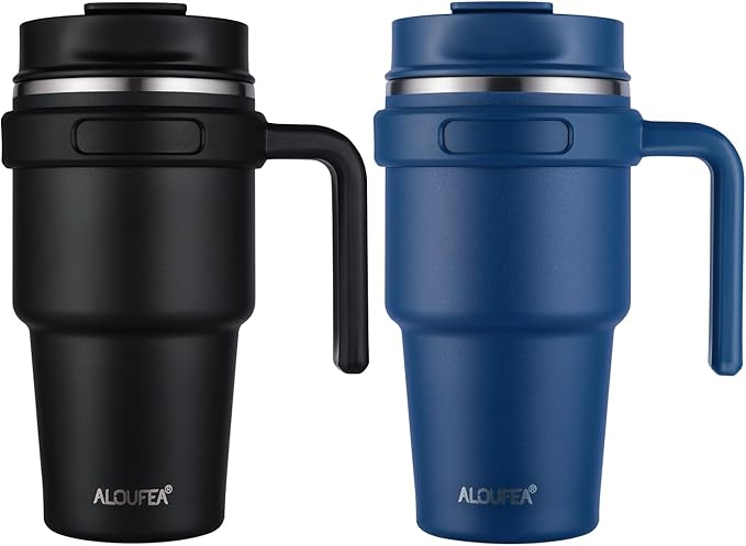 ALOUFEA 20 oz Insulated Coffee Mug Tumbler with Handle, Stainless Steel Travel Mug Tumbler with Lid and Straw,Double Wall Vacuum Leak Proof Ice Coffee Thermal Cup, Black and Navy by ALOUFEA