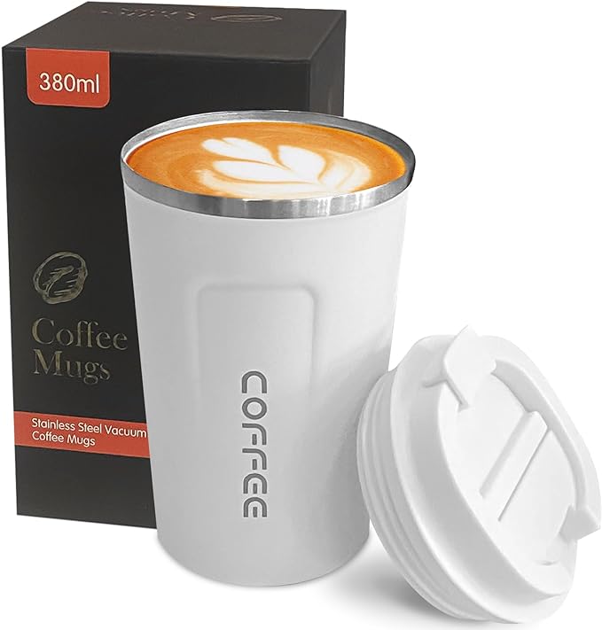 YINBAOGE Insulated Travel Coffee Mug, Spill & Leak Proof, Portable To Go Camping Stainless Steel Coffee Tumbler, Reusable Thermal Coffee Cup with Lid for Hot & Cold Drinks (2nd-White, 12 OZ) by YINBAOGE