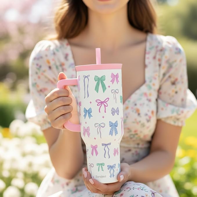 SANDJEST Bow 40oz Tumbler With Handle and Straw, Insulated Stainless Steel Travel Coffee Mug for Women Girls Bow Lovers, Gift Idea for Birthday Christmas Mothers Day - Image 6