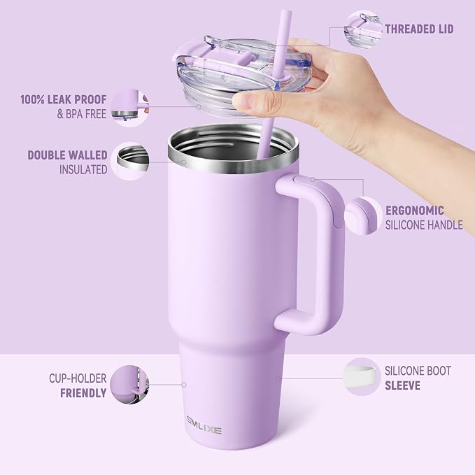 40 oz Tumbler with Handle and Straw Lid,Insulated Reusable Stainless Steel Water Bottle Travel Mug，Cupholder Friendly Double Wall Vacuum Sealed Cup (Lavender Purple) - Image 2