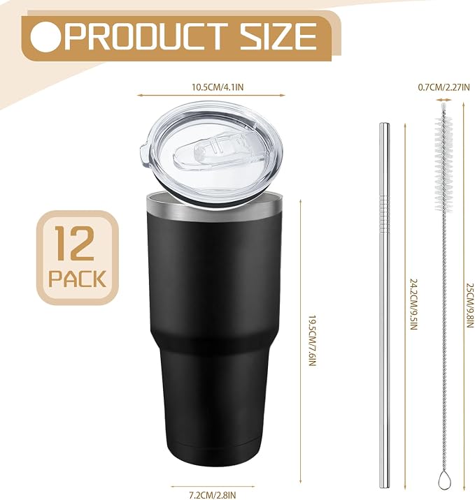YOUKE OLA 12 Pack Insulated Tumbler Powder Coated Stainless Steel Double Wall Vacuum Travel Coffee Tumbler Cup with Lid and Straw for Laser Engrave DIY Gift 30oz Black - Image 2