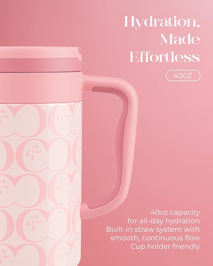 40 oz Insulated Tumbler with Handle and Push-Button Straw Lid, Stainless Steel Travel Cup for Gym Office, Leakproof, BPA-Free, Cup Holder Friendly, Bow Silicone Boot, Pink (C’ Blush) - Image 5