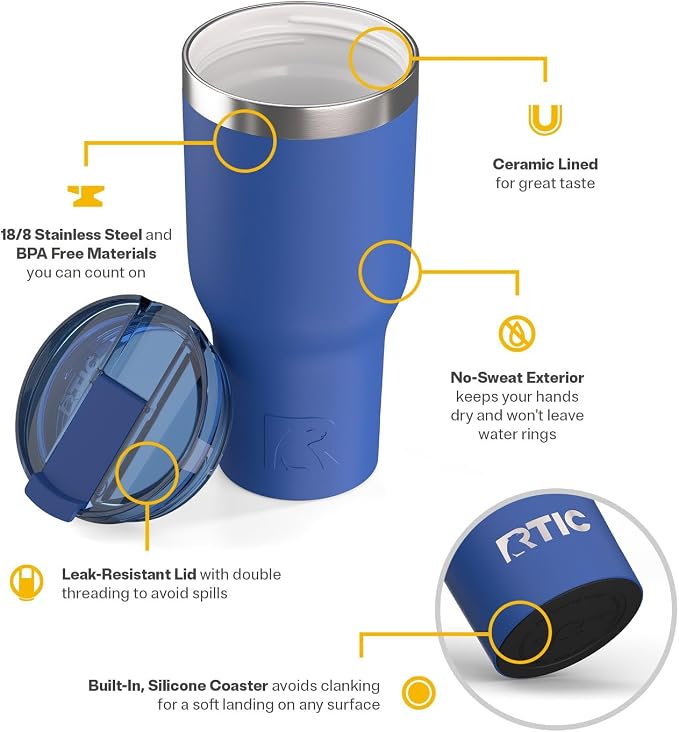 RTIC 40oz Essential Tumbler with Lid, Ceramic Lined, Insulated, Stainless Steel, Metal, Double Wall Vacuum-Insulation, Travel Cup for Iced Coffee, Tea, Hot and Cold Drink, Cobalt - Image 3