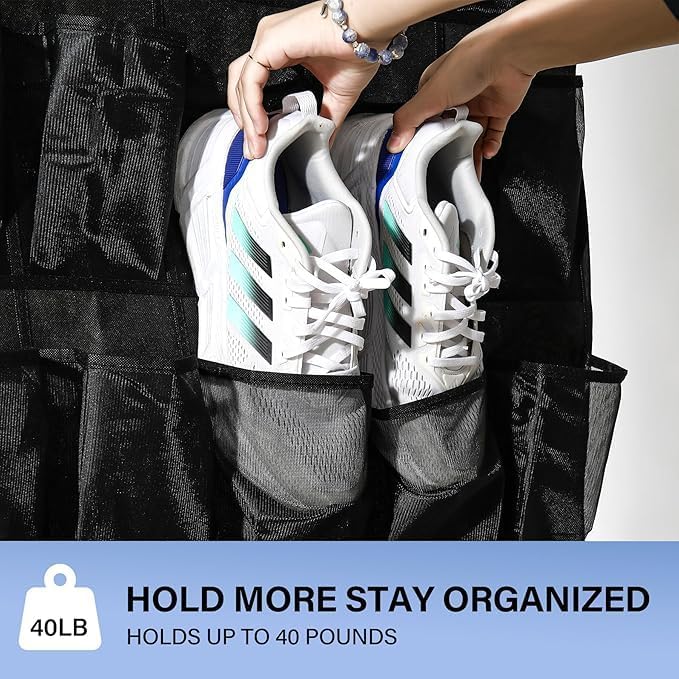 Over the Door Shoe Organizer, 24 Large Breathable Mesh Pockets, Hanging Storage - Image 4