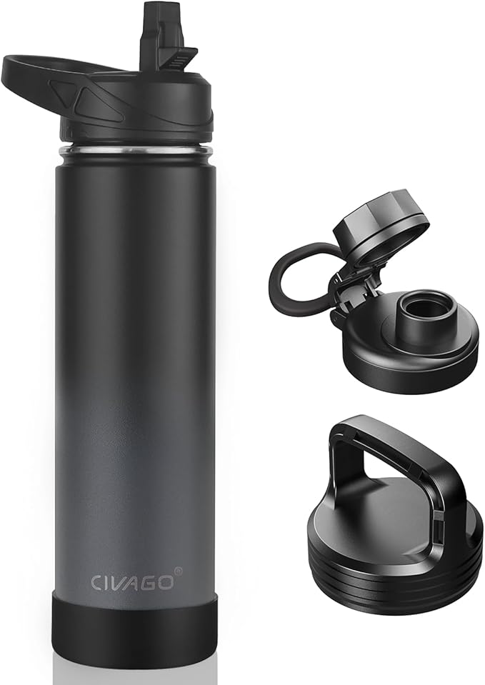 CIVAGO 24 oz Insulated Water Bottle With Straw, Stainless Steel Sports Water Cup Flask with 3 Lids (Straw, Spout and Handle Lid), Wide Mouth Travel Thermal Mug, Classic Omber Gray by CIVAGO