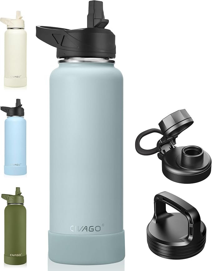 CIVAGO 40 oz Insulated Water Bottle With Straw, Stainless Steel Sports Water Cup Flask with 3 Lids (Straw, Spout and Handle Lid), Double Walled Travel Thermal Canteen Mug, Sage by CIVAGO