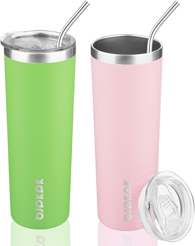 BJPKPK 20 oz Skinny Tumbler with Lid 2 Pack Slim Insulated Travel Coffee Cup Stainless Steel Thermal Mug,Green,Light Pink by BJPKPK