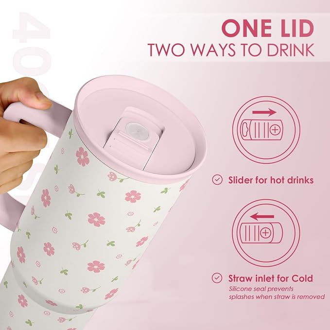 Floral 40oz Tumbler with Handle and Straw – Flowers Insulated Stainless Steel Travel Coffee Mug for Women Girls - Gift Idea for Birthday Christmas Mothers Day - Image 4