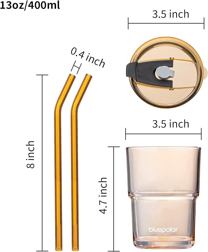 BLUEPOLAR 13oz/400ml Glass Water Tumbler with Straw and Lid Sealed Carry On Thick Wall Iced Coffee Cup Glass Cup for Water, Iced Tea Fruit Juice Etc (Amber-4Pack) - Image 2