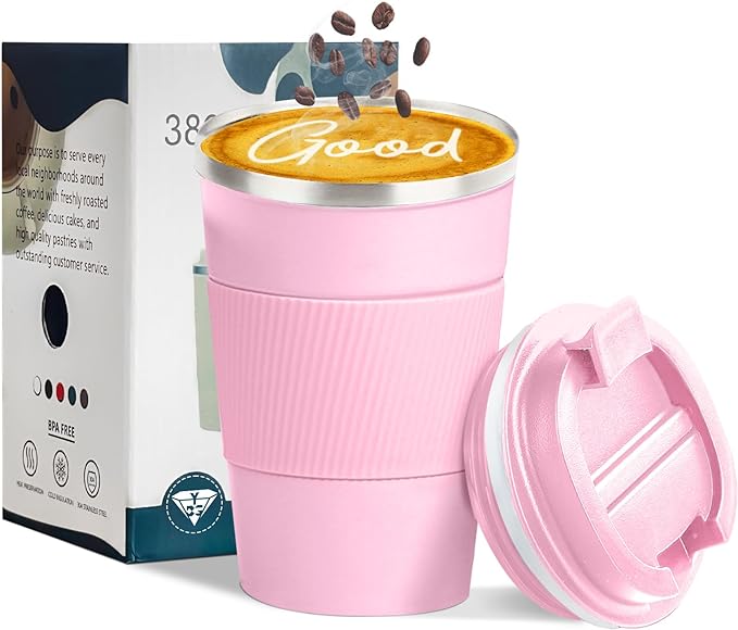 YINBAOGE Insulated Travel Coffee Mug, Spill & Leak Proof, Portable To Go Camping Stainless Steel Coffee Tumbler, Reusable Thermal Coffee Cup with Lid for Hot & Cold Drinks (Pink, 12 OZ) by YINBAOGE