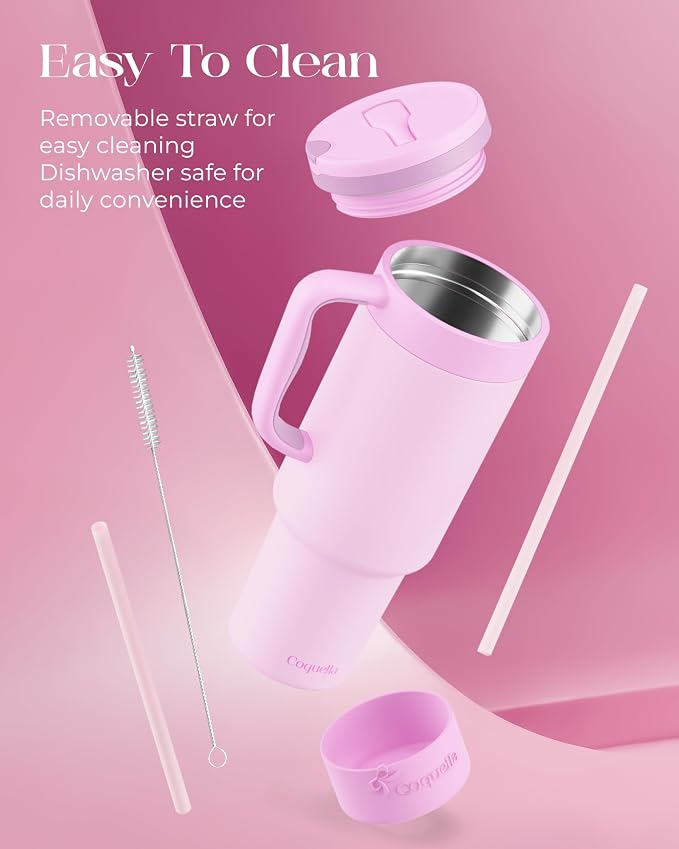 40 oz Insulated Tumbler with Handle and Push-Button Straw Lid, Stainless Steel Travel Cup for Gym Office, Leakproof, BPA-Free, Cup Holder Friendly, Bow Silicone Boot, Purple (Light Lilac) - Image 6
