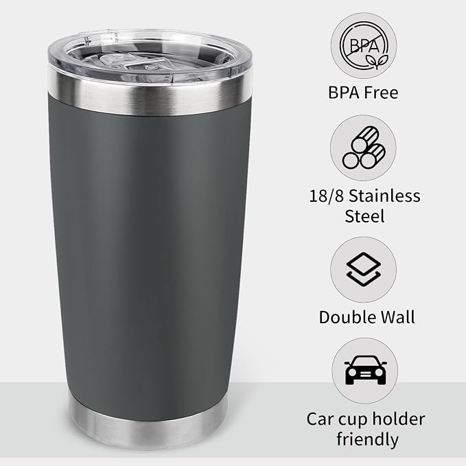 20oz Stainless Steel Tumbler with Lid, Travel Mug - Double Wall Vacuum Powder Coated Cup - Grey, 1 Pack - Image 2