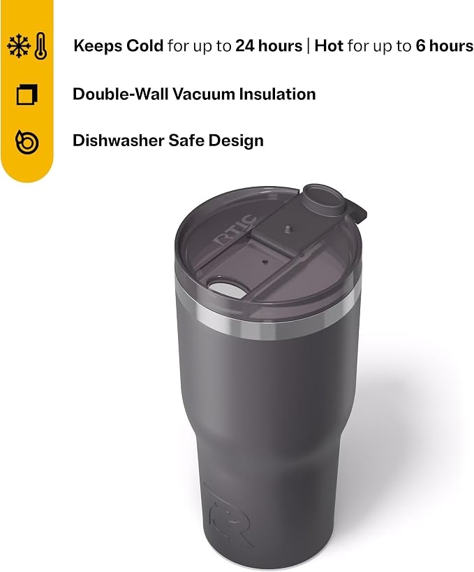 RTIC 30oz Essential Tumbler with Lid, Ceramic Lined, Insulated, Stainless Steel, Metal, Double Wall Vacuum-Insulation, Travel Cup for Iced Coffee, Tea, Hot and Cold Drink, Graphite - Image 3