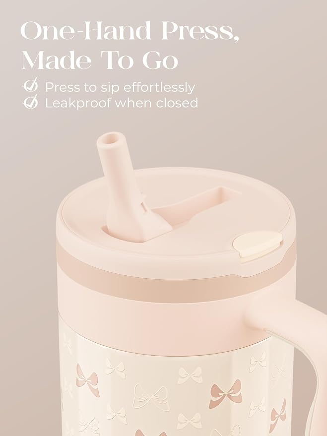 40 oz Insulated Tumbler with Handle and Push-Button Straw Lid, Stainless Steel Travel Cup for Gym Office, Leakproof, BPA-Free, Cup Holder Friendly, Bow Silicone Boot, Cream (Bow Cream) - Image 3