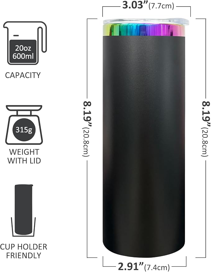 20 oz Skinny Tumblers Stainless Steel Tumbler with Lid and Straw Double Wall Vacuum Insulated Coffee Mug 20oz Powder Coated Cup for Hot and Cold Drinks(Black,8 pack) - Image 2