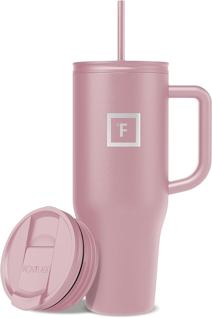IRON °FLASK Co-Pilot Insulated Mug w/Straw & Flip Cap Lids - Cup Holder Bottle for Hot, Cold Drink - Leak-Proof- Water, Coffee Portable Travel Tumbler - Cosmetic Pink, 40 Oz by IronFlask