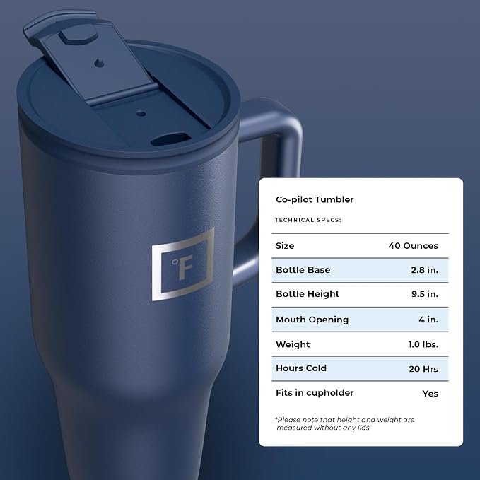 IRON °FLASK Co-Pilot Insulated Mug w/Straw & Flip Cap Lids - Cup Holder Bottle for Hot, Cold Drink - Leak-Proof - Water, Coffee Portable Travel Mug - Twilight Blue, 40 Oz - Image 9