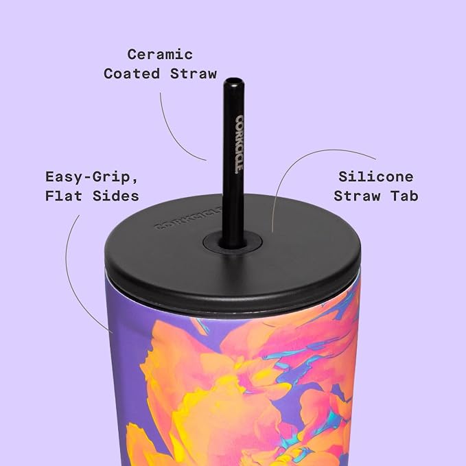 Corkcicle Cold Cup Insulated Tumbler with Straw - Keeps Drinks Cold for 12 Hours - Triple-Insulated Stainless Steel - Leak-Resistant Lid - Summer Drinkware Gift - 24 oz - Super Bloom - Image 4