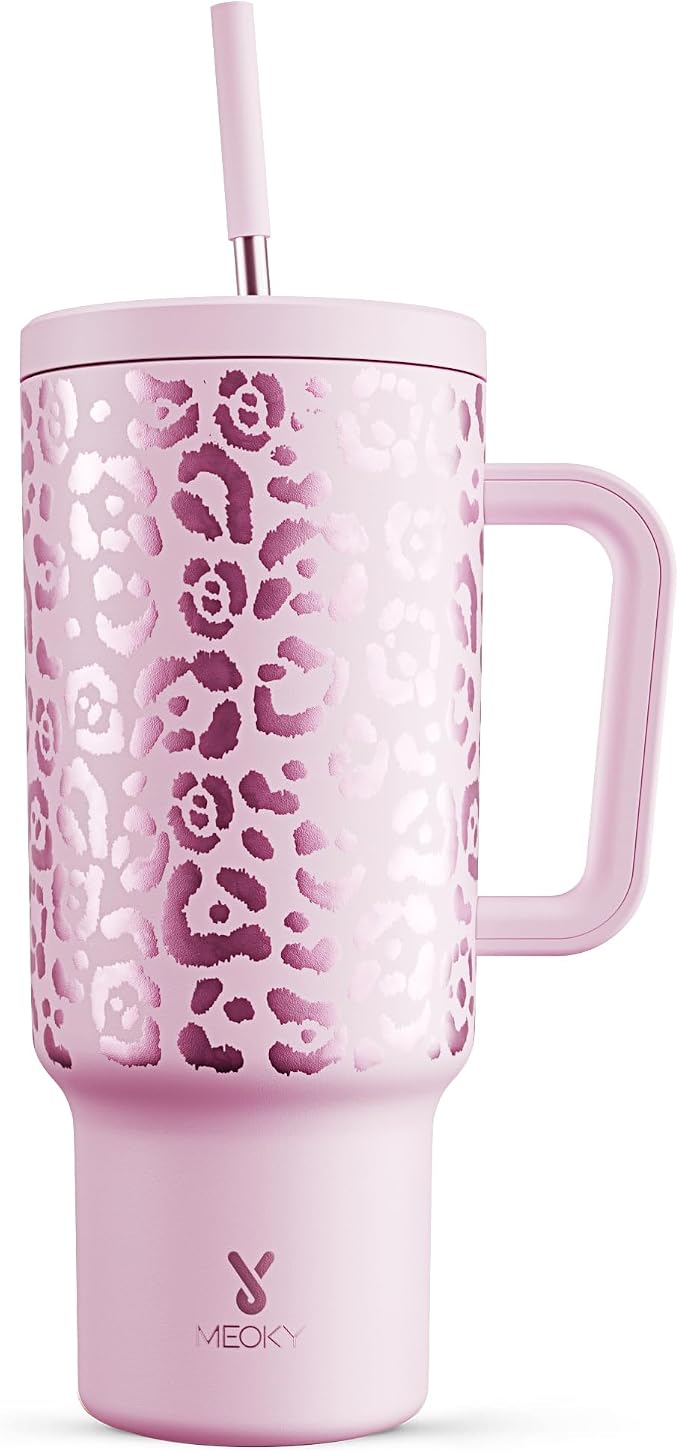 Meoky 40 oz Tumbler with Handle and Straw, Tumbler with Lid and Straw, Insulated Stainless Steel Travel Mug, 100% Leak-proof, Keeps Cold for 34 Hours or Hot for 10 Hours (Pink Leopard) by MEOKY