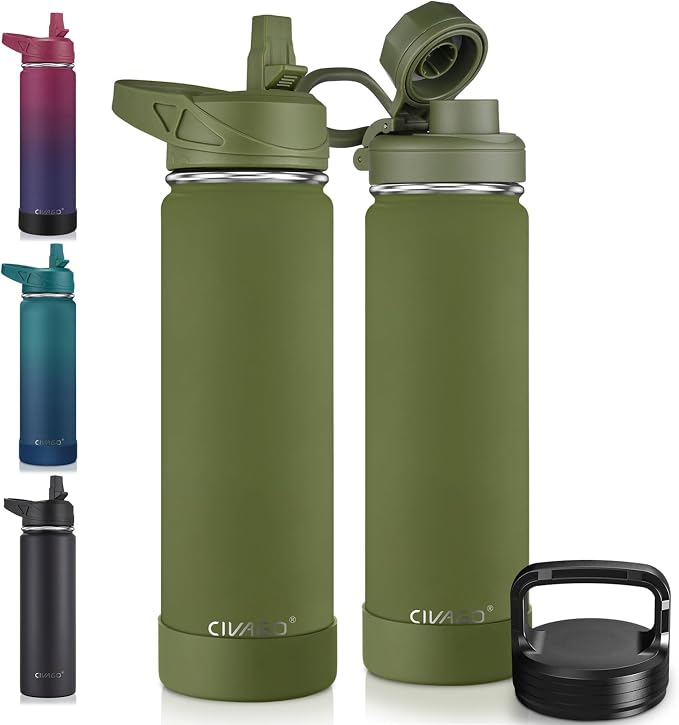 CIVAGO 22 oz Insulated Water Bottle With Straw, Stainless Steel Sports Water Flask Cup with 3 Lids (Straw, Portable Spout and Handle Lid), Double Walled Travel Thermal Canteen Mug, Army Green by CIVAGO