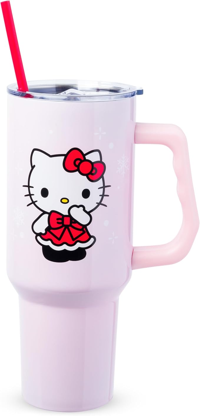 Silver Buffalo Sanrio Hello Kitty Christmas Holiday Dress and Matching Bow Snowflakes Double Walled Stainless Steel Tumbler with Handle and Straw, Fits in Standard Cup Holder, 40 Ounces by SilverBuffalo