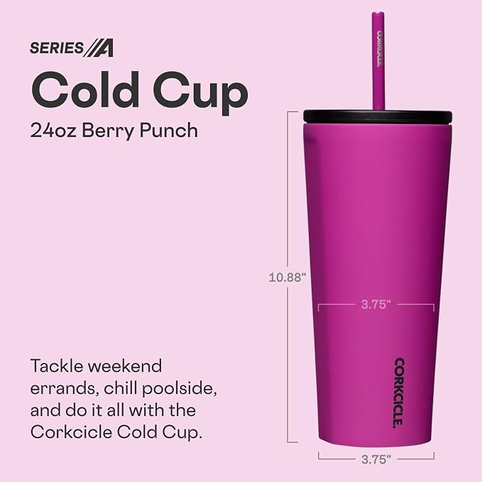 Corkcicle Cold Cup Insulated Tumbler with Straw - Keeps Drinks Cold for 12 Hours - Triple-Insulated Stainless Steel - Leak-Resistant Lid - Summer Drinkware Gift - 24 oz - Berry Punch - Image 2