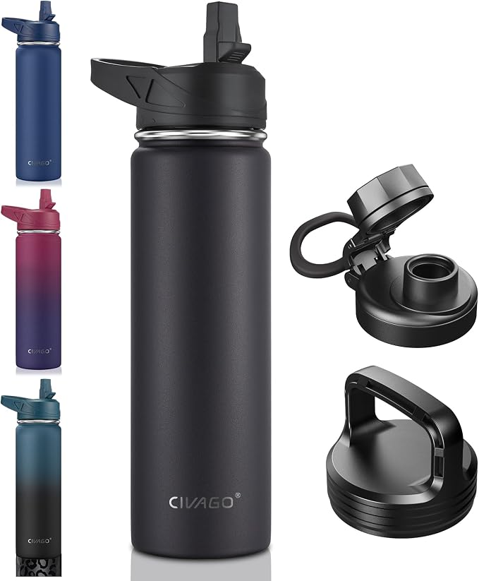 CIVAGO 22 oz Insulated Water Bottle With Straw, Stainless Steel Sports Water Flask Cup with 3 Lids (Straw, Portable Spout and Handle Lid), Double Walled Travel Thermal Canteen Mug, Black by CIVAGO